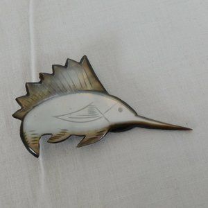 Swordfish Hand Carved Mother of Pearl Shell Unique Detailed Silver Tone Back